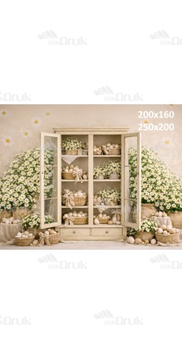 Tło fotograficzne „Biała witryna z jajkami i rumiankami” | E849